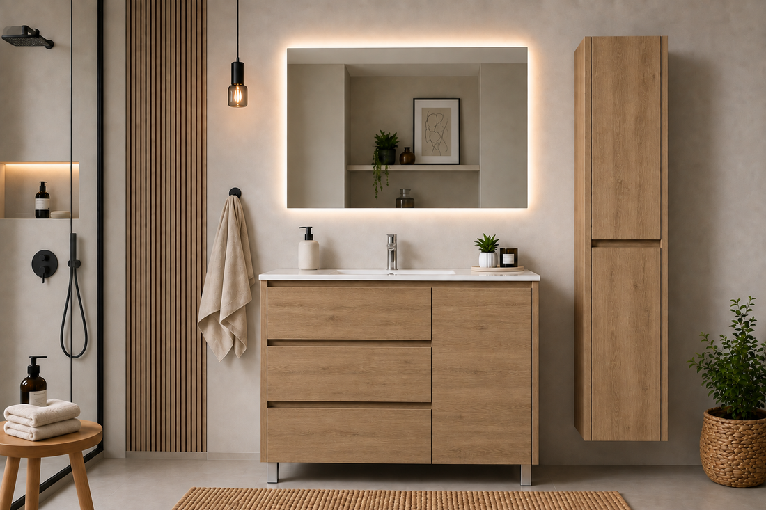 VOLUM-badeværelsesmøbelsæt med håndvask + LED-spejl + 140 cm søjle + etgrebsarmatur – Estepa – 80/100/120 cm