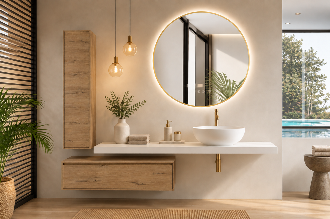 Estepa-farvet badeværelsesmøbel bestående af 120 cm bordplade + 60 cm modul + søjle 120x35 + MALLORCA-skålhåndvask