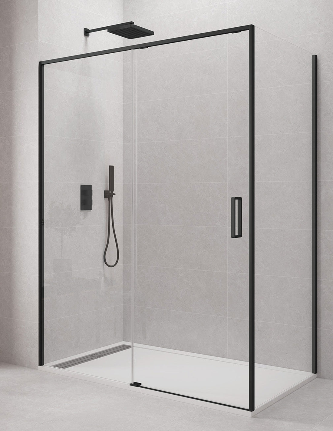 CETUS-vinkelmodel af bruseafskærmning 1+1 med fast sidepanel uden nederste profil, i krom eller sort