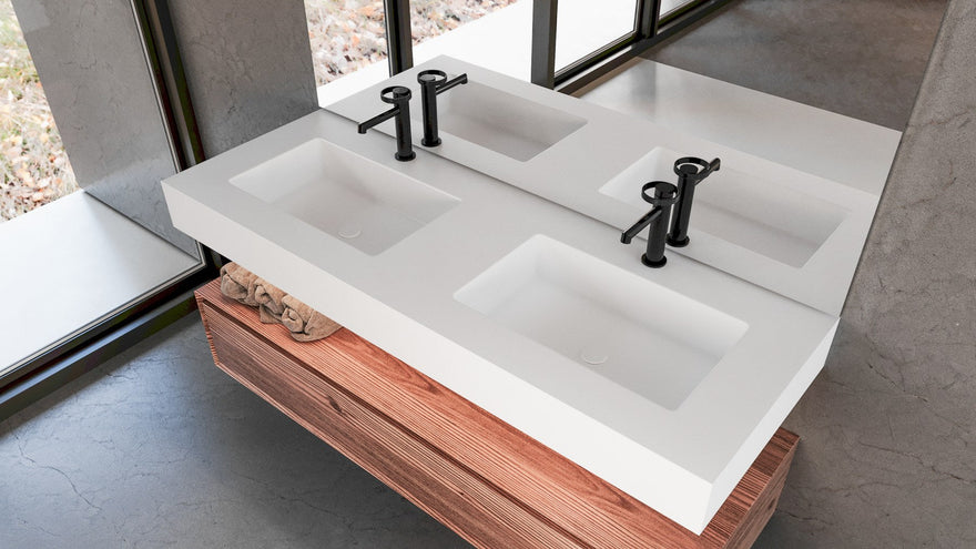 LEX Solid Surface bordplade med 2 undermonterede vaske, frontpanel op til 12 cm